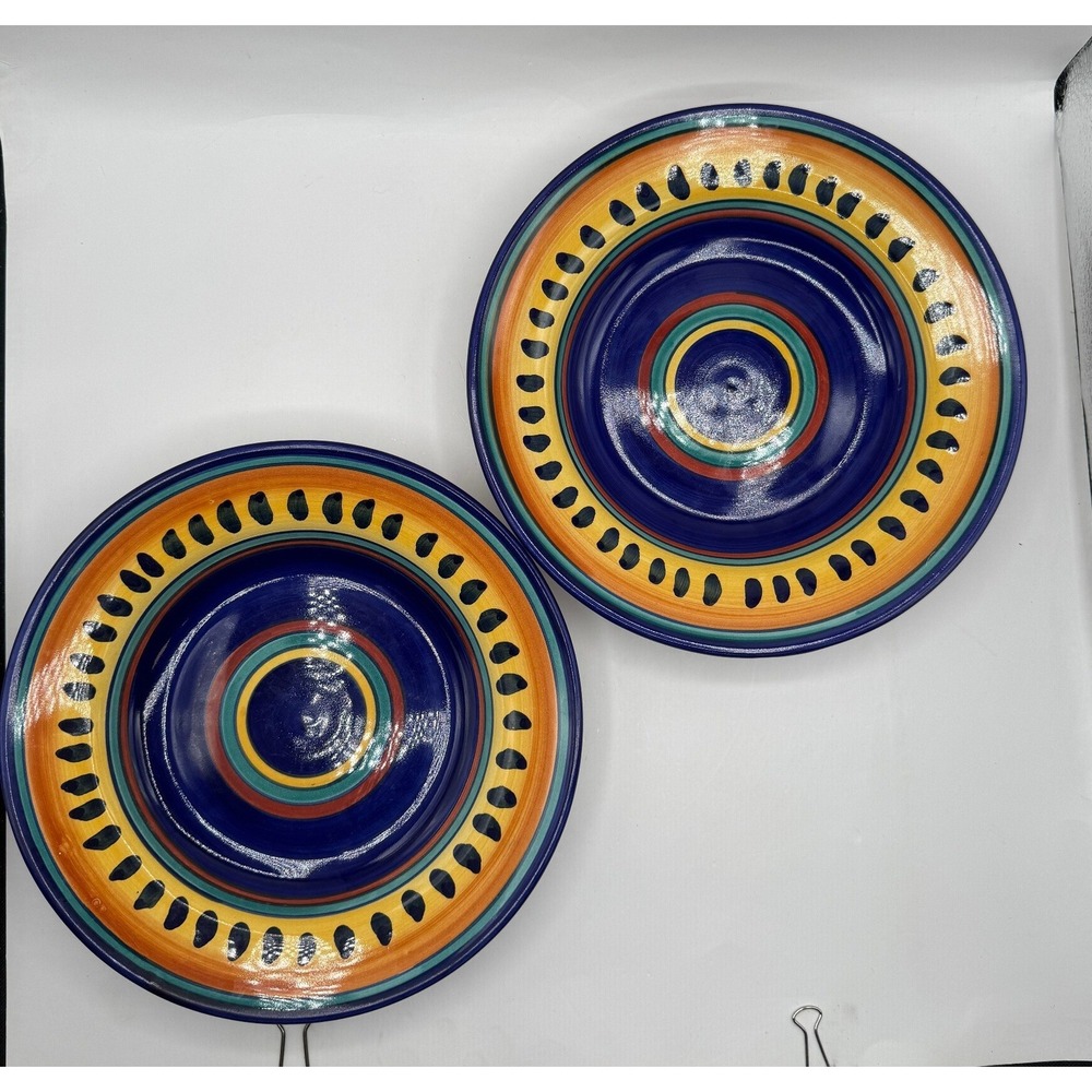Pier 1 Italian Swirl Pasta Bowls Set of 2 Blue Orange Yellow‎ Handpainted Italy